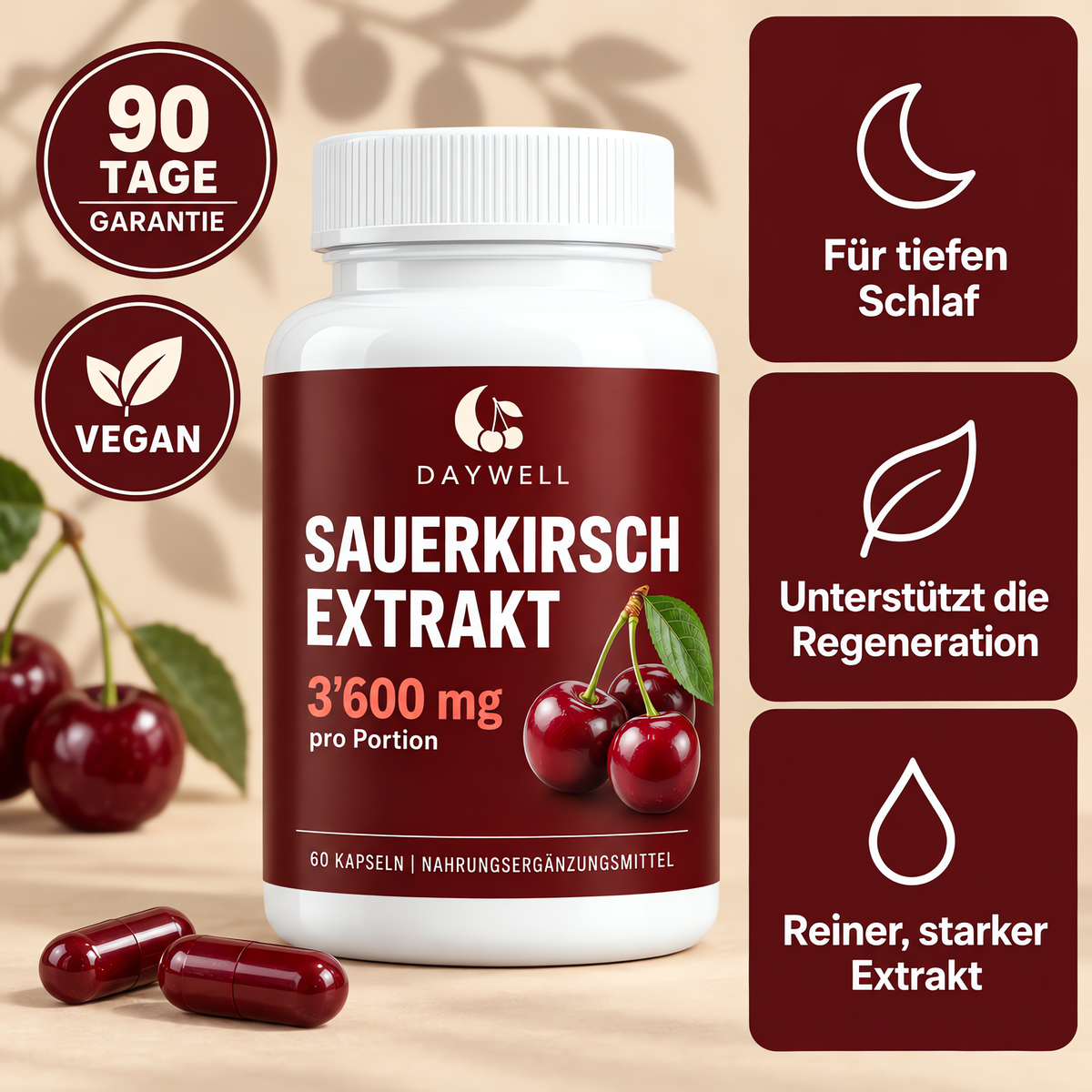 Daywell Sauerkirsch-Extrakt – 90 Tage Garantie, vegan
