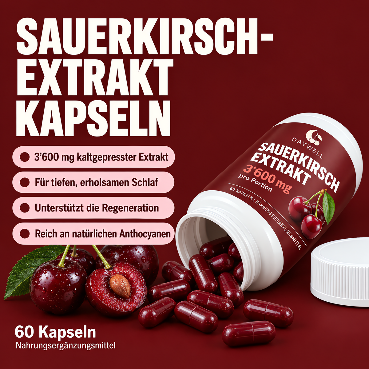 Daywell Sauerkirsch-Extrakt Kapseln mit frischen Kirschen