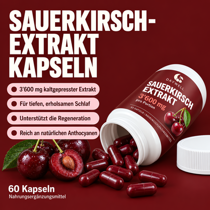 Daywell Sauerkirsch-Extrakt Kapseln mit frischen Kirschen